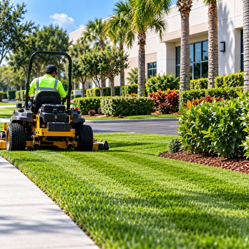 55 Lawns crew mowing a commercial property lawn in Orlando