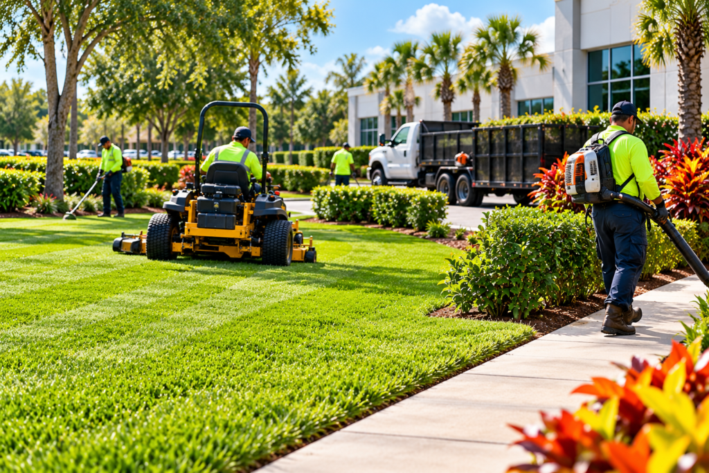 55 Lawns landscaping crew mowing, trimming and blowing at a commercial property in Orlando