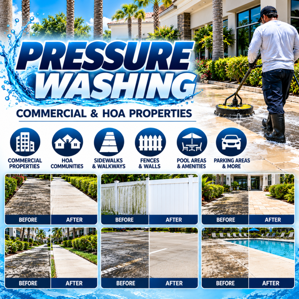 55 Lawns pressure washing for commercial and HOA properties: sidewalks, fences, pool areas and parking areas