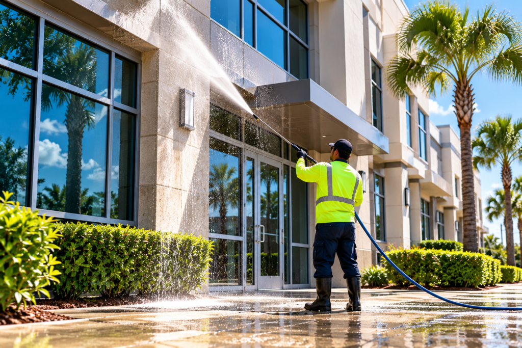 55 Lawns technician pressure washing a commercial building exterior in Orlando